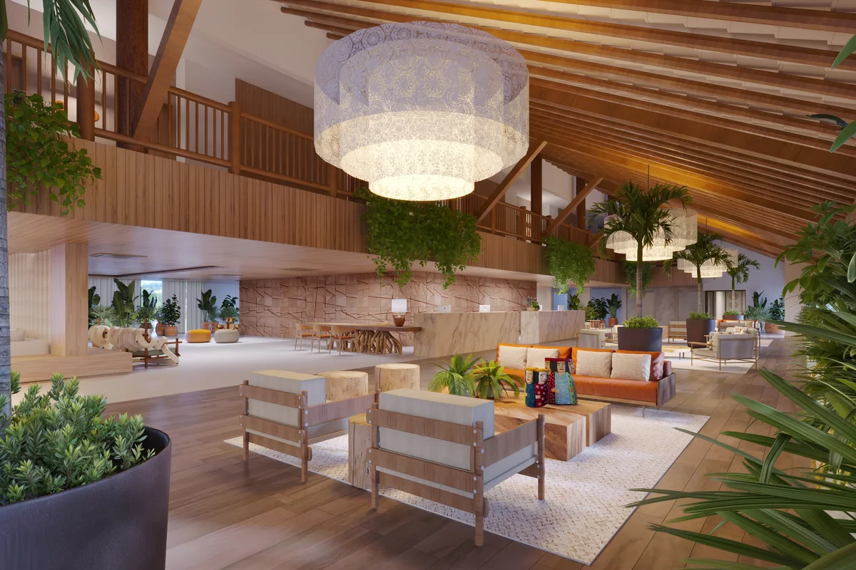 Lobby com materiais naturais e vegetação — Arquitetura Digital
